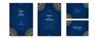Altın mandala ve soyut desenli Kraliyet mavi düğün davetiyesi tasarımı