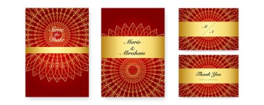 Altın mandala ve soyut desenli Kraliyet kırmızı düğün davetiyesi tasarımı