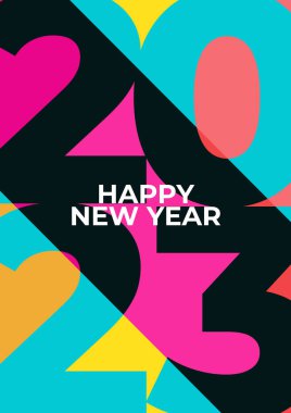 Mutlu 2023 yılbaşı posterleri. Etiketleme, afiş, kapak, davetiye kartı için tipografi geometrik logosu 2023.