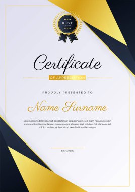 Black and gold certificate of achievement template with gold badge and border