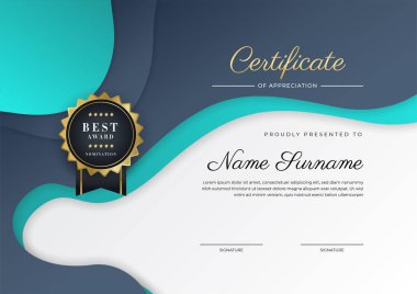 Koyu mavi ve yeşil Turkuaz başarı sertifikası. Altın rozetli ve sınır çizgili.