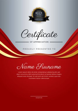 Lüks rozetli ve modern çizgili kırmızı ve altın sertifikalı sınır şablonu. Ödül, iş ve eğitim ihtiyaçları için
