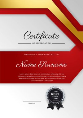 Lüks rozetli ve modern çizgili kırmızı ve altın sertifikalı sınır şablonu. Ödül, iş ve eğitim ihtiyaçları için