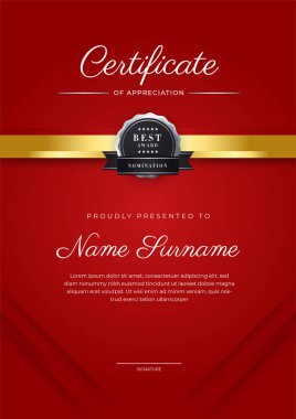 Lüks rozetli ve modern çizgili kırmızı ve altın sertifikalı sınır şablonu. Ödül, iş ve eğitim ihtiyaçları için