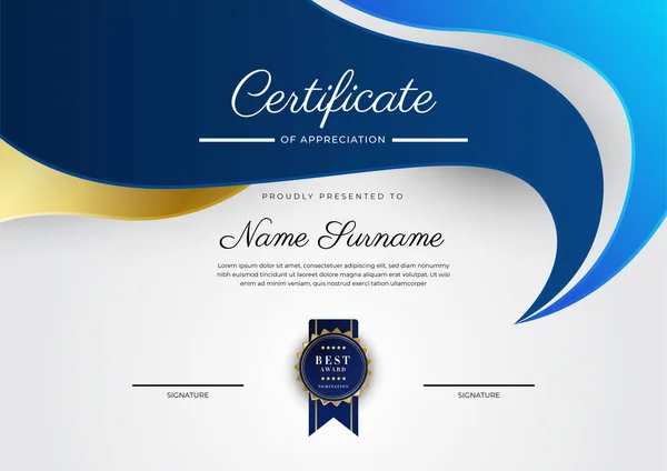 Plantilla Certificado Logro Azul Oro Con Insignia Oro Borde — Archivo Imágenes Vectoriales