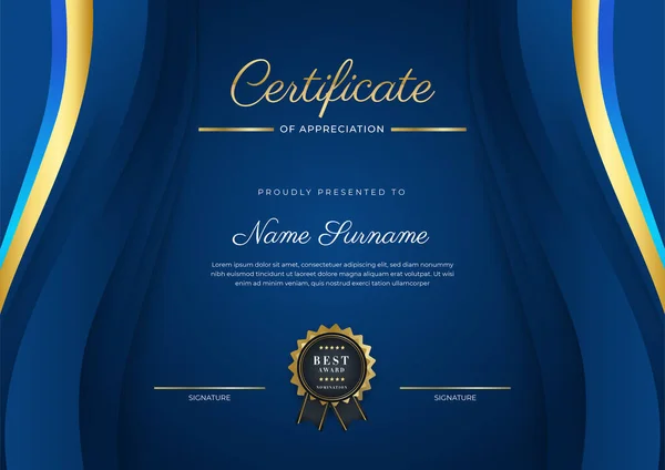 Блакитний Золотий Сертифікат Шаблону Досягнень Золотим Значком Кордоном — стоковий вектор
