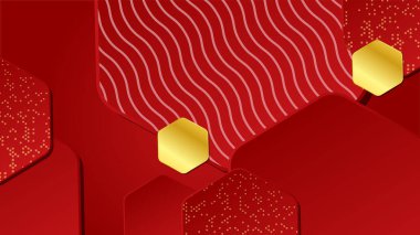 Soyut şekiller ve altıgen çizgileri olan lüks kırmızı ve altın tasarım arka plan