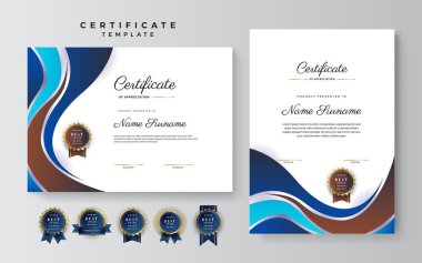 Lüks rozetli ve modern çizgili sınır şablonunun mavi ve kahverengi sertifikası. Ödül, iş ve eğitim ihtiyaçları için