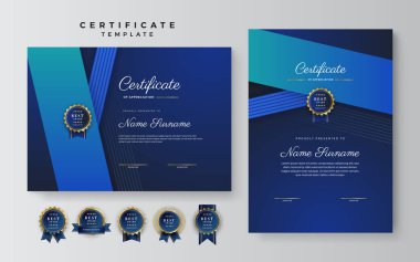 Lüks rozetli ve modern çizgili sınır şablonunun mavi ve siyah sertifikası. Ödül, iş ve eğitim ihtiyaçları için