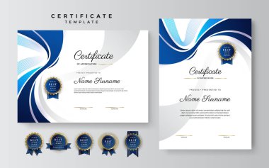 Lüks rozetli ve modern çizgili sınır şablonunun mavi ve beyaz sertifikası. Ödül, iş ve eğitim ihtiyaçları için