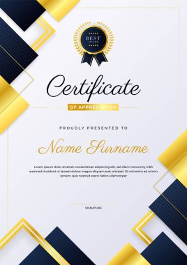 Modern zarif mavi ve altın sertifika şablonu