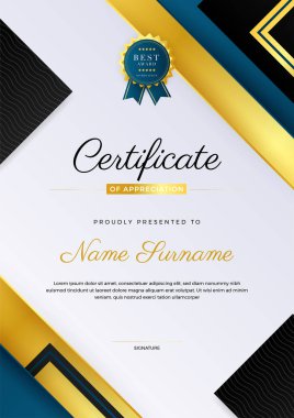 Modern zarif mavi ve altın sertifika şablonu