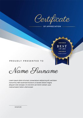 Modern zarif mavi ve beyaz diploma şablonu