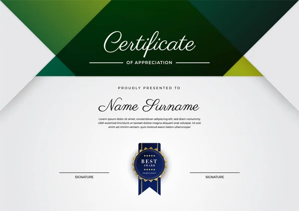 Modelo Certificado Diploma Moderno Elegante Verde Branco — Vetor de Stock