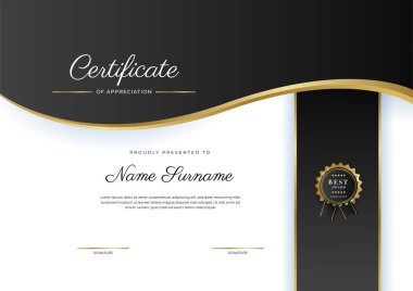 Modern lüks şablon ve altın çizgilerle sertifikalı siyah şablon. Vektör illüstrasyon ve vektör lüks prim rozet tasarımı. Eski model rozet ve etiketler seti.