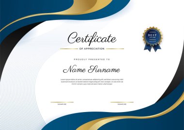 Modern lüks şablon ve altın çizgilerle sertifika mavi şablonu. Vektör illüstrasyon ve vektör lüks prim rozet tasarımı. Eski model rozet ve etiketler seti.