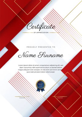 Modern lüks şablona ve altın çizgilere sahip kırmızı sertifika şablonu. Vektör illüstrasyon ve vektör lüks prim rozet tasarımı. Eski model rozet ve etiketler seti.