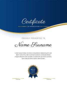 Modern lüks şablon ve altın çizgilerle sertifika mavi şablonu. Vektör illüstrasyon ve vektör lüks prim rozet tasarımı. Eski model rozet ve etiketler seti.