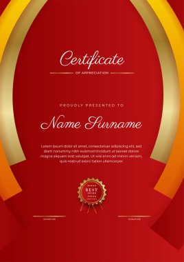 Modern lüks şablona ve altın çizgilere sahip kırmızı sertifika şablonu. Vektör illüstrasyon ve vektör lüks prim rozet tasarımı. Eski model rozet ve etiketler seti.