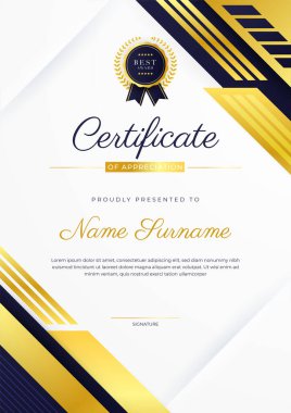 Modern lüks şablon ve altın çizgilerle sertifika şablonu. Vektör illüstrasyon ve vektör lüks prim rozet tasarımı. Eski model rozet ve etiketler seti.