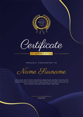 Modern lüks şablon ve altın çizgilerle sertifika mavi şablonu. Vektör illüstrasyon ve vektör lüks prim rozet tasarımı. Eski model rozet ve etiketler seti.