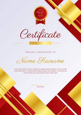 Modern lüks şablona ve altın çizgilere sahip kırmızı sertifika şablonu. Vektör illüstrasyon ve vektör lüks prim rozet tasarımı. Eski model rozet ve etiketler seti.