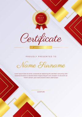 Modern lüks şablona ve altın çizgilere sahip kırmızı sertifika şablonu. Vektör illüstrasyon ve vektör lüks prim rozet tasarımı. Eski model rozet ve etiketler seti.