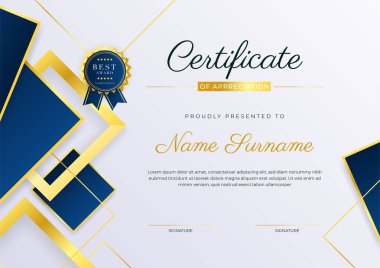 Modern lüks şablon ve altın çizgilerle sertifika mavi şablonu. Vektör illüstrasyon ve vektör lüks prim rozet tasarımı. Eski model rozet ve etiketler seti.