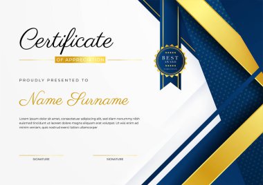 Modern lüks şablon ve altın çizgilerle sertifika mavi şablonu. Vektör illüstrasyon ve vektör lüks prim rozet tasarımı. Eski model rozet ve etiketler seti.