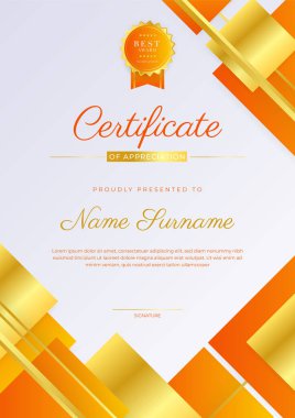 Modern lüks şablona ve altın çizgilere sahip turuncu sertifika şablonu. Vektör illüstrasyon ve vektör lüks prim rozet tasarımı. Eski model rozet ve etiketler seti.