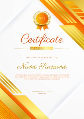 Modern lüks şablona ve altın çizgilere sahip turuncu sertifika şablonu. Vektör illüstrasyon ve vektör lüks prim rozet tasarımı. Eski model rozet ve etiketler seti.