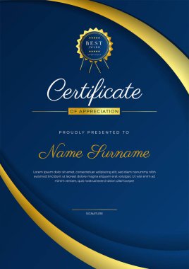 Modern lüks şablon ve altın çizgilerle sertifika mavi şablonu. Vektör illüstrasyon ve vektör lüks prim rozet tasarımı. Eski model rozet ve etiketler seti.
