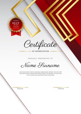 Modern lüks şablona ve altın çizgilere sahip kırmızı sertifika şablonu. Vektör illüstrasyon ve vektör lüks prim rozet tasarımı. Eski model rozet ve etiketler seti.