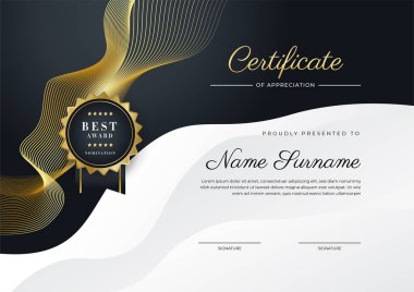 Modern lüks şablon ve altın çizgilerle sertifikalı siyah şablon. Vektör illüstrasyon ve vektör lüks prim rozet tasarımı. Eski model rozet ve etiketler seti.