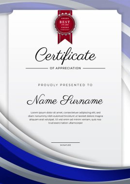 Modern lüks şablon ve altın çizgilerle sertifika mavi şablonu. Vektör illüstrasyon ve vektör lüks prim rozet tasarımı. Eski model rozet ve etiketler seti.