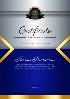 Modern lüks şablon ve altın çizgilerle sertifika mavi şablonu. Vektör illüstrasyon ve vektör lüks prim rozet tasarımı. Eski model rozet ve etiketler seti.