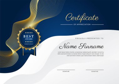 Modern lüks şablon ve altın çizgilerle sertifika mavi şablonu. Vektör illüstrasyon ve vektör lüks prim rozet tasarımı. Eski model rozet ve etiketler seti.