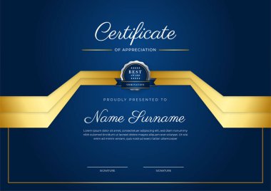 Modern lüks şablon ve altın çizgilerle sertifika mavi şablonu. Vektör illüstrasyon ve vektör lüks prim rozet tasarımı. Eski model rozet ve etiketler seti.