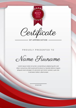 Modern lüks şablona ve altın çizgilere sahip kırmızı sertifika şablonu. Vektör illüstrasyon ve vektör lüks prim rozet tasarımı. Eski model rozet ve etiketler seti.