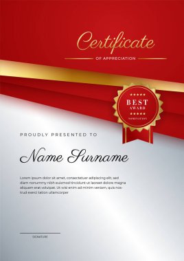 Modern lüks şablona ve altın çizgilere sahip kırmızı sertifika şablonu. Vektör illüstrasyon ve vektör lüks prim rozet tasarımı. Eski model rozet ve etiketler seti.