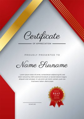 Modern lüks şablona ve altın çizgilere sahip kırmızı sertifika şablonu. Vektör illüstrasyon ve vektör lüks prim rozet tasarımı. Eski model rozet ve etiketler seti.