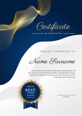 Modern lüks şablon ve altın çizgilerle sertifika mavi şablonu. Vektör illüstrasyon ve vektör lüks prim rozet tasarımı. Eski model rozet ve etiketler seti.