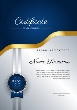 Modern lüks şablon ve altın çizgilerle sertifika mavi şablonu. Vektör illüstrasyon ve vektör lüks prim rozet tasarımı. Eski model rozet ve etiketler seti.