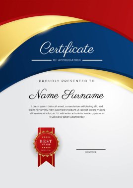 Modern lüks şablon ve altın çizgilerle sertifika mavi şablonu. Vektör illüstrasyon ve vektör lüks prim rozet tasarımı. Eski model rozet ve etiketler seti.