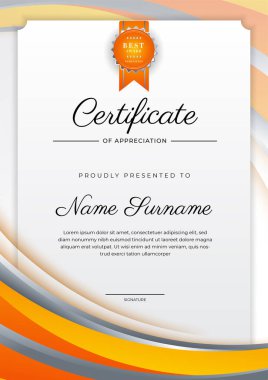 Modern lüks şablona ve altın çizgilere sahip turuncu sertifika şablonu. Vektör illüstrasyon ve vektör lüks prim rozet tasarımı. Eski model rozet ve etiketler seti.