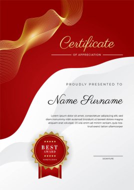 Modern lüks şablona ve altın çizgilere sahip kırmızı sertifika şablonu. Vektör illüstrasyon ve vektör lüks prim rozet tasarımı. Eski model rozet ve etiketler seti.