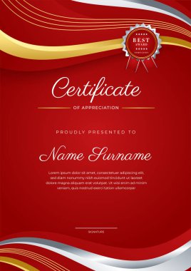 Modern lüks şablona ve altın çizgilere sahip kırmızı sertifika şablonu. Vektör illüstrasyon ve vektör lüks prim rozet tasarımı. Eski model rozet ve etiketler seti.