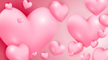 Kırmızı pembe ve beyaz sevgililer günü yeni yıl 3D tasarım arkaplan aşk kalp şeklinde balon. Vektör illüstrasyonu, tebrik pankartı, duvar kağıdı, el ilanı, poster, broşür, düğün