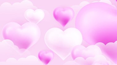 Yeni yıl için kırmızı, pembe ve beyaz sevgililer günü arkaplan tasarımı aşk kalp şeklinde balon. Vektör illüstrasyonu, tebrik pankartı, duvar kağıdı, el ilanı, poster, broşür, düğün davetiyesi