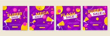 Sale and design background set with colorful abstract shapes. Special offer mega sale background template. Vector illustration promotion big super sale banner. Discount design for poster and web.